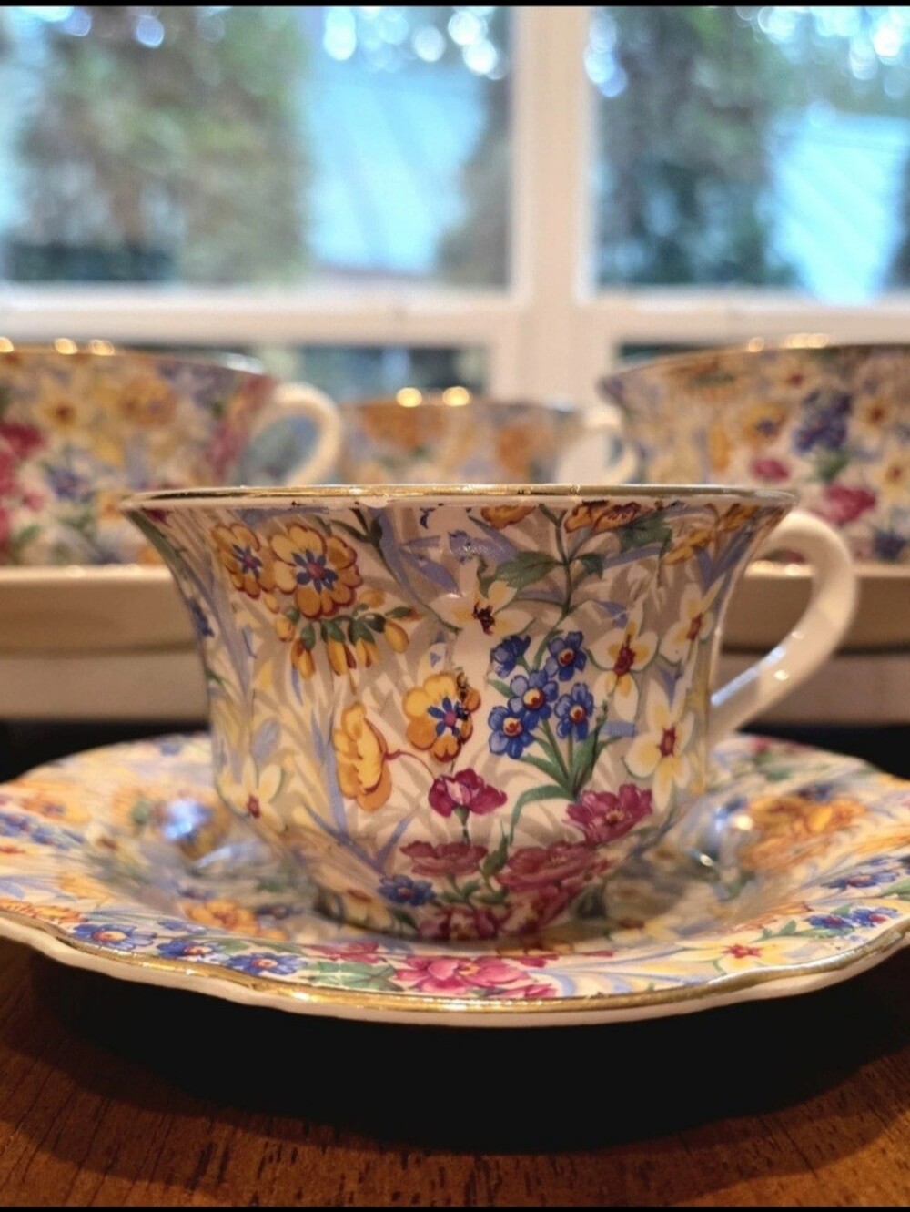 Set Of 4 Vtg "Cheery Chintz" Sussex Erphila Floral Teacups And Saucers Bavaria